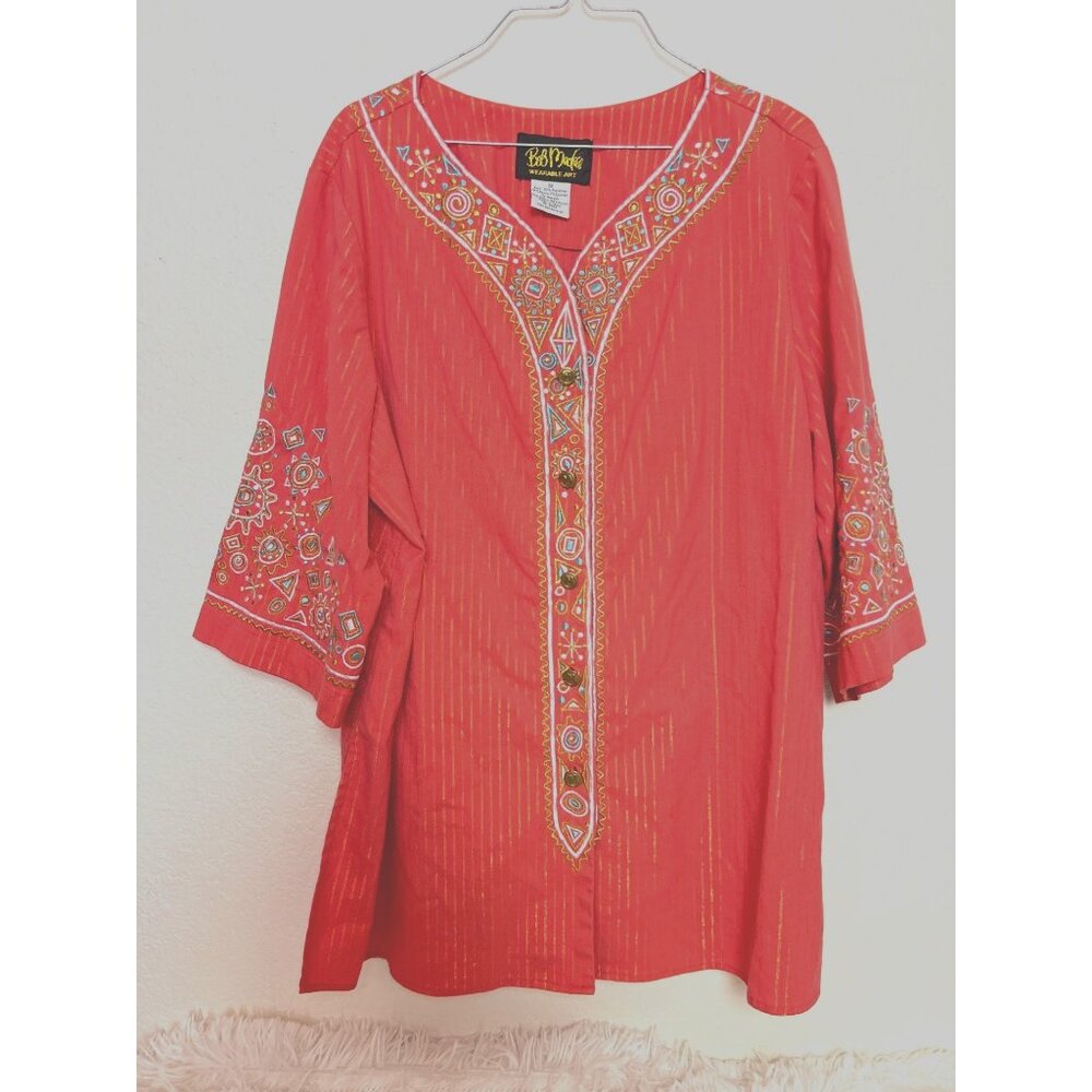 Bob‎ Mackie Wearable Art 1X Art to Wear Coral Embellished Button Down *FLAW*